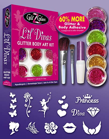 LIL DIVAS Glitter Tattoo Kit with 6 Large Glitters & 12 Stencils for Temporary Tattoos - HYPOALLERGENIC and DERMATOLOGIST TESTED!