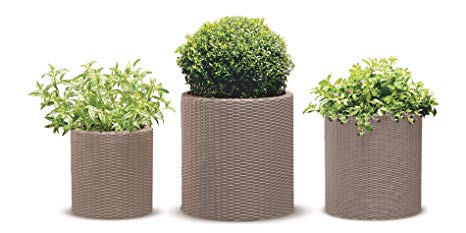 Keter 238698 Cylinder Rattan Plastic Planter, Sandy Beige