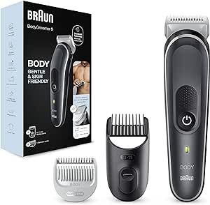 Braun Body Groomer 5, herramienta Manscape para hombres con tecnología SkinShield, peine sensible, húmedo y seco, 100% impermeable, enchufe de 2 pines, BG5350, gris/blanco