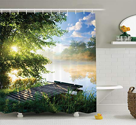 Ambesonne House Decor Shower Curtain Set, Fishing Pier by River in The Morning Light with Clouds and Trees Nature Image Decor, Bathroom Accessories, 75 Inches Long, Green Blue White