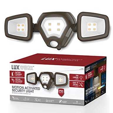 LUXWORX Outdoor Motion Sensor Light 750 Lumens - Ultra Bright Three-Headed Battery Power Motion Sensor Light for Indoors or Outdoors - Install Anywhere Keep Your Property Safe - Sensor Lights Outdoor