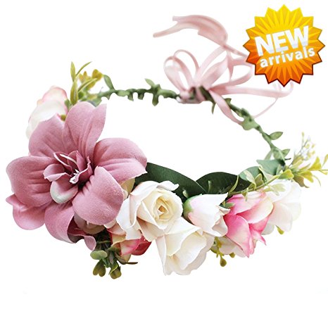 YUNF Handmade Boho Flower Headband Hair Wreath Halo Floral Garland Crown Headpiece With Ribbon Festival Wedding Party