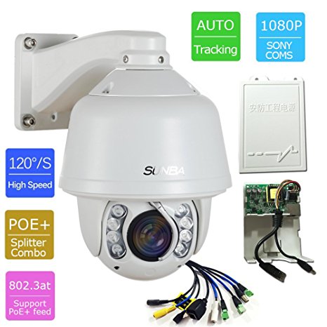 SUNBA 1080P Auto Tracking, PoE , 20X Optical Zoom, Audio, 2.0 Megapixels, Infrared Night Vision, Outdoor Waterpoorf, 120°/s High Speed PTZ IP Network Security Dome Camera (805-DG20X SE)