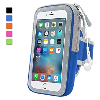 Universal Sports Armband, Shalwinn Running Armband with [Transparent Window Cover] [Zipper Pouch] for iPhone 6S Plus / 6 Plus / 6S / 6, iPad Touch, Galaxy Note 5 / S7 / S6 (Blue)