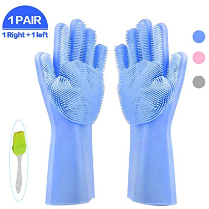 Magic Saksak Reusable Silicone Gloves, Magic Gloves Dishwashing with Wash Scrubber, Reusable Brush Heat Resistant Gloves Kitchen Tool for Cleaning, Dish Washing Care and More- 1 Pair (Sky Blue)