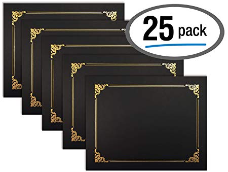 25 Pack Black Certificate Holders, Diploma Holders, Document Covers with Gold Foil Border, by Better Office Products, for Letter Size Paper, 25 Count, Black