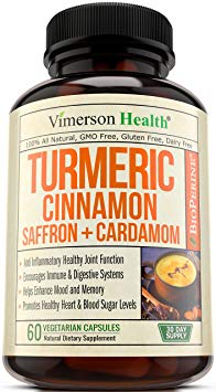 Turmeric Curcumin with Saffron, True Ceylon Cinnamon, Cardamom & Bioperine - Anti-inflammatory Supplement - Helps Reduce Stress - Promotes Digestion, Heart Health & Blood Sugar Level - 60 Veggie Pills