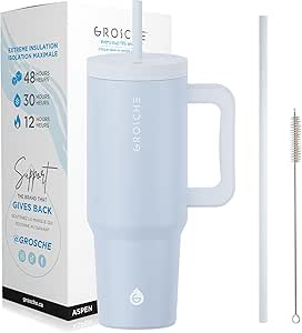 GROSCHE Aspen 40 oz Tumbler with Handle and Straw. Extreme Insulation, Classy Design, Built to Last Insulated Stainless Steel Tumbler with Handle, lid and Straw - Slate Blue