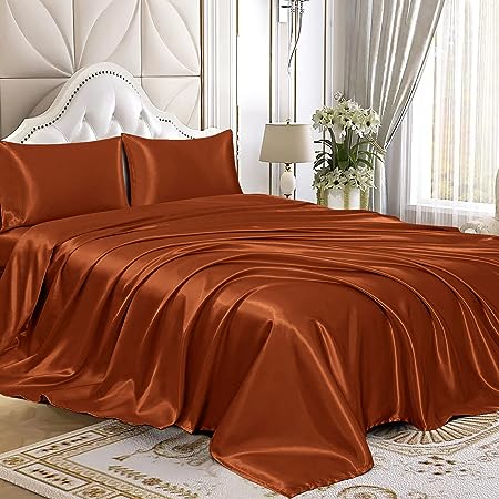 Homiest 3pcs Satin Sheets Set Luxury Silky Satin Bedding Set with Deep Pocket, 1 Fitted Sheet   1 Flat Sheet   1 Pillowcases (Twin Size, Burnt Orange)