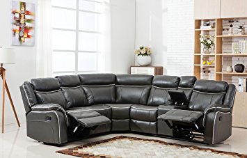 Large Classic and Traditional Two Tone Bonded Leather Reclining Corner Sectional Sofa (Grey)