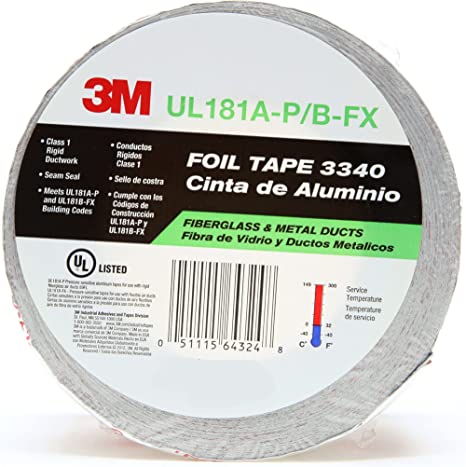 3M Aluminum Foil Tape 3340, 2.5" x 50 yd, 4.0 mil, Silver, HVAC, Sealing and Patching Hot and Cold Air Ducts, Fiberglass Duct Board, Insulation, Metal Repair