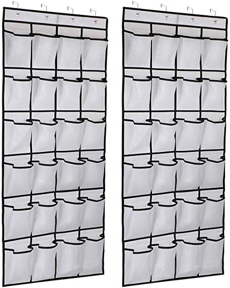 Kootek 2 Pack Over The Door Shoe Organizers, Mesh Shoe Holder with 24 Pockets Hanging Shoes Organizer Compartment Storage with 8 Door Hooks for Bedroom Closet Bathroom, White (59 x 21.6 in)