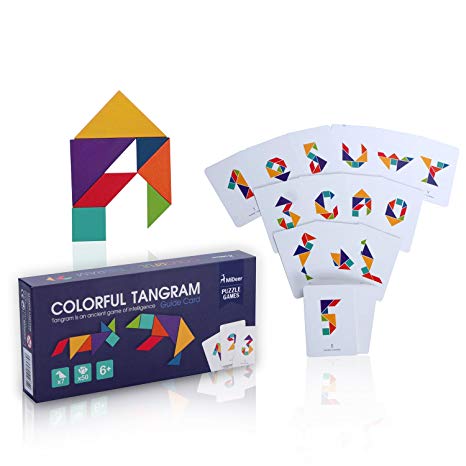 Wooden Tangram Puzzle Travel Game Tangrams with 50 Cards 100 Pattern Include Number Alphabet Animal and Shape Educational Colorful Challenge IQ Toy for 3-100 Years Old with Nice Gift Box