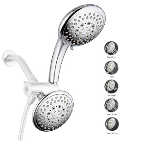 WOQI Shower Head 5 Functions 5.5 Inches Chrome Finish Surface ABS Material Handheld Showerhead, High Pressure Bathroom Rainfall Fixed Shower Combo with Powerful Spray 2.0 Save Water