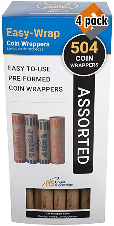 Royal Sovereign Preformed Coin Wrappers. 504 Assortment Pack, Penny, Nickel, Dime, and Quarter Coin Wrappers (FSW-504A) 4 Pack