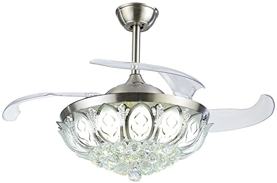 A Million 42” Crystal Ceiling Fan Light Retractable Blades Remote Control Chrome Luxury Chandelier Fan 3 Speeds 3 Colors Changes Lighting Fixture, Silent Motor with LED Kits Included (Luxury)