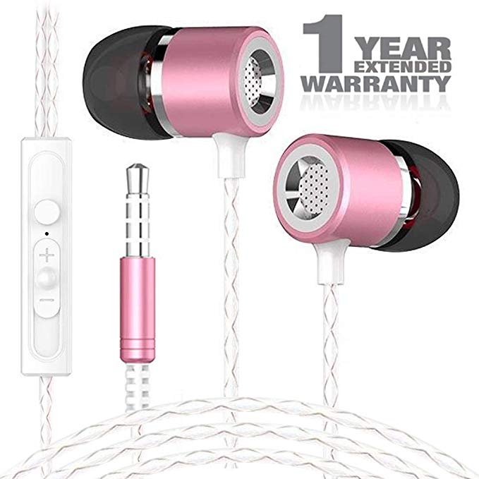 Earbud Headphones - Pink Perfect Sound in-Ear Earphones with Remote and Mic - Wired 3.5mm Jack Stereo Noise Isolation Rose Compatible with iPhone Android Samsung Galaxy Kindle MP3 MP4