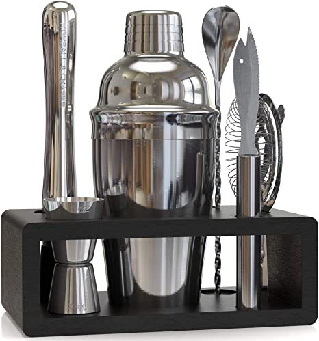Highball & Chaser Elite Bartender Kit with Stylish Bamboo Stand - Beautiful Stainless Steel Cocktail Shaker Set with Rustproof Bar Tools. Perfect Bar Set for Home Bars, Parties and Drink Making