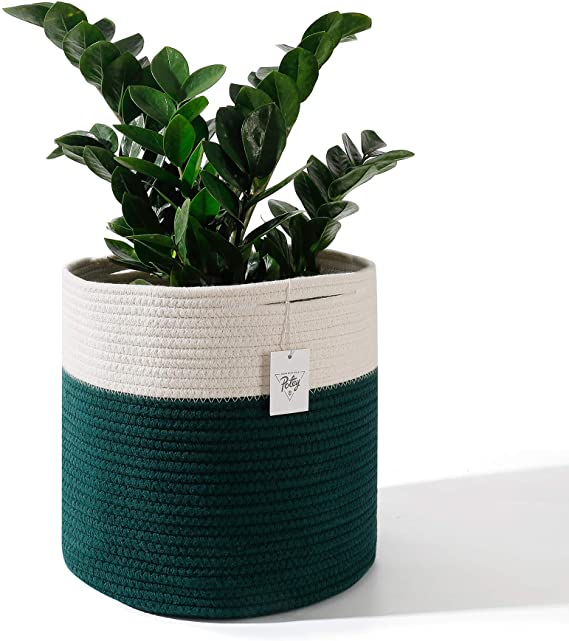 POTEY 701203 Woven Cotton Rope Plant Basket for 11" Flower Pot Floor Indoor Planters, 12"x 12" Storage Organizer Modern Home Decor(White Dark Green Stripes)