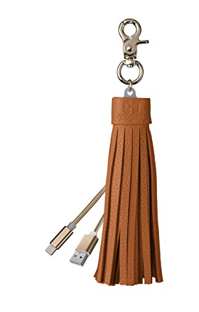 iPhone Lightning Cable Keychain - USB Charging Cord with Genuine Leather Tassel and Keyring - Brown - by Gee Gadgets