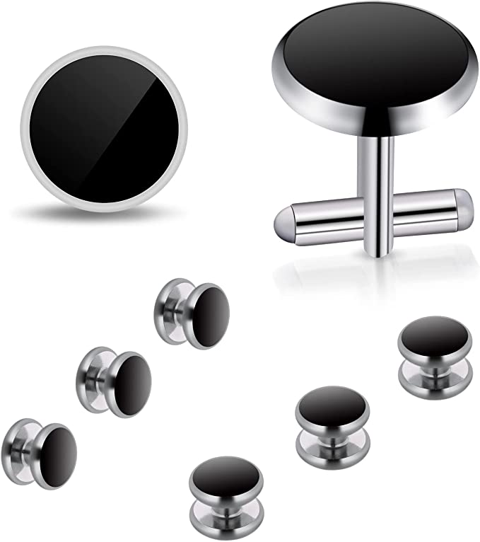 Yolev Mens Cufflinks and Studs Set Tuxedo Shirts Cuff links Black Onyx Cufflinks for Men, Classic Tuxedo Buttons Match for Business Wedding Formal Suit