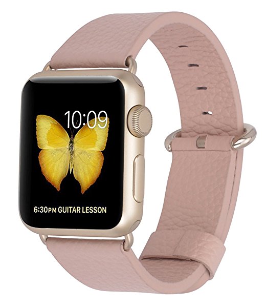 PEAK ZHANG Apple Watch Band 38mm Women Genuine Leather Replacement Wrist Strap with Stainless Metal Adapter Clasp for Iwatch Series 2,Series 1,Sport,Edition (38mm Pink Golden Buckle)