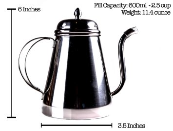 Gooseneck Stainless Kettle For Pour Over Coffee and Tea Stovetop and Induction compatible Mirror Stainless Steel 600ml 2 12 cup by Wild Foods