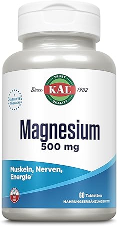 KAL Magnesium | 500 mg | 60 Tabletten | laborgeprüft | Nahrungsergänzungsmittel mit L-Arginin und L-Glutamin | Energieproduktion des Körpers | Gesunde Funktion von Nerven & Muskeln