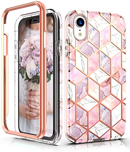 Hasaky Case for iPhone XR Case 6.1 Inch,Dual Layer Hybrid Bumper Cute Clear Girls/Women Marble Design Soft TPU Hard Back Heavy Duty Anti-Scratch Shockproof Protective Phone Case Cover -Pink/Rose Gold