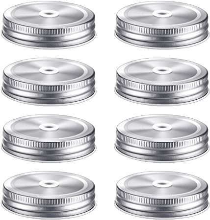 8 Pieces Stainless Steel Regular Mouth Mason Canning Jar Lids with Straw Hole Leak Proof Reusable Mason Silver Jar, Silver, 2.7 Inch