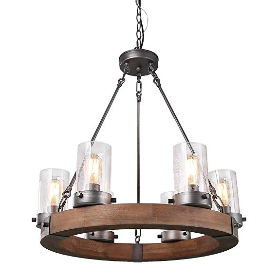LNC Farmhouse Wood Chandeliers,Rustic Pendant Lighting,Circular Ceiling Lamp for Kitchen Island Dinning Rooms Bedrooms A03348