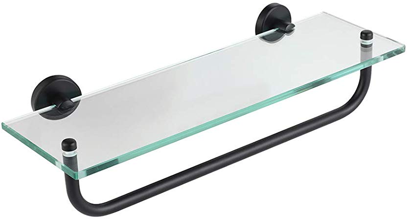 JQK Bathroom Glass Shelf, Shelf with 16 Inch Towel Bar Tempered Glass Shower Storage 16 by 5 inches, 304 Stainless Steel Matte Black Wall Mount, TGS100-PB