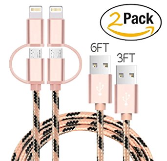 2 Pack 3FT 6FT 2 in 1 Tangle Free Lightning and Micro USB Nylon Braided Charging/Sync Cables for iPhone/iPod/iPad and Samsung Galaxy, Sony, Nexus, Nokia,HTC & more (Rose Gold/Black)