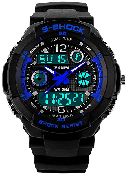 Fanmis Unisex Sport Watch Multifunction Green Led Light Analog Digital Waterproof S - Shock Wristwatch (Blue)