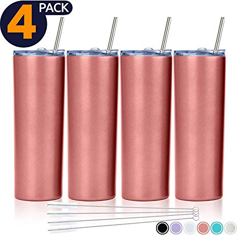 SKINNY TUMBLERS (4 pack) 20oz Stainless Steel Double Wall Insulated Tumblers with Lids and Straws | Skinny Travel Mug, FREE Straw Cleaner! Reusable Cup With Straw | Vinyl DIY Gifts (Rose Gold))