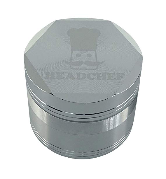 Headchef Hexellence High Quality Metal Herb and Tobacco Grinder with Sifter Scraper – 4 Piece Grinder, 55mm, Silver