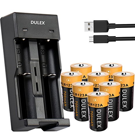 DULEX 8 Pack CR123A Rechargeable Batteries 16340 RCR123a 3.7V Lithium ion Batteries Camera Batteries With 16340 Battery Charger for Arlo Security Cameras