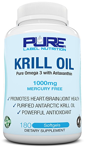 Krill Oil 1000mg with Astaxanthin 180 Caps Omega 3 6 9 - EPA DHA - 100% Purified, Mercury free and Wild Caught - Non GMO - Gluten FREE - Pure Krill Oil - Mega Dose Phospholipids