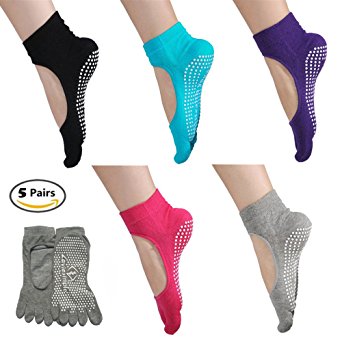 5 Pairs Toe Yoga Pilates Socks Non Slip Skid Barre Sock with Grips for Women & Men