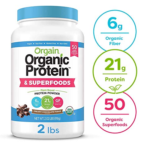 Orgain Organic Plant Based Protein   Superfoods Powder, Creamy Chocolate Fudge - Vegan, Non Dairy, Lactose Free, No Sugar Added, Gluten Free, Soy Free, Non-GMO, 2.02 lb