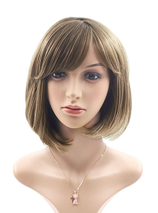 Rabbitgoo Bob Wig with Flat Bangs Short Flaxen Brown Straight Wigs Disco Cosplay Wig Natural as Real Hair for Women 12.2" Three Colors Available
