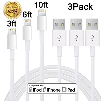 Winage 3PCS 3FT 6FT 10FT Extra Long Lightning Syncing and Charging Cable Cord Wire Compatible with iPhone 7/7 plus/6/6s/6 plus/6s plus, 5c/5s/5/SE, iPad 4 Mini Air iPod Nano 7 iPod Touch 5(White)
