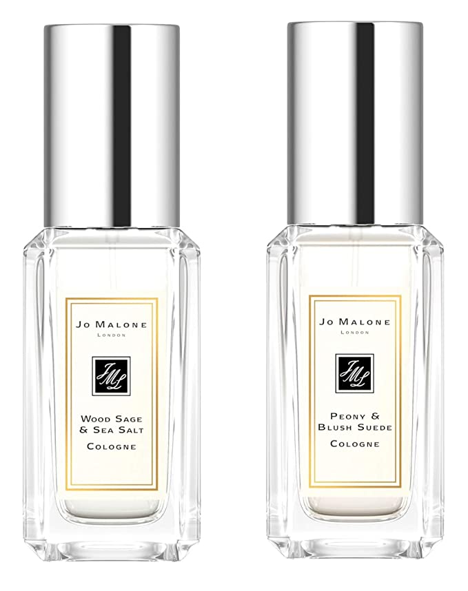 Jo Malone Wood Sage & Sea Salt, Peony & Blush suede duo. Mini Travel size .3oz / 9ml each.