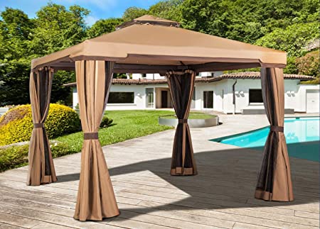 SOLAURA Patio Furniture 10' x 10' Outdoor Garden Gazebo Light Brown Canopy Tent with Mosquito Netting