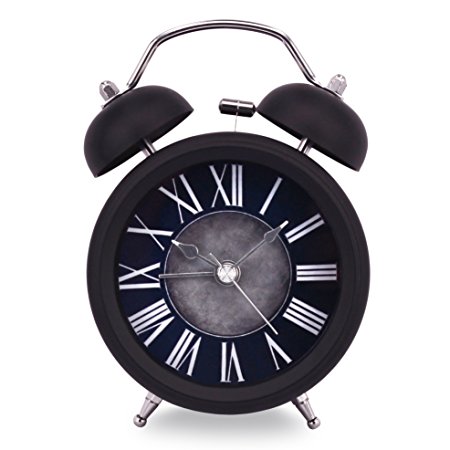 Slash 3" Classic European Style Vintage Retro Old Fashioned Quiet Non-ticking Sweep Second Hand, Quartz Analog Twin Bell Clock, Battery Operated, Loud Alarm, Nightlight Function (Black-Black) S10036