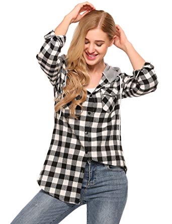 SoTeer Womens Plaid Shirts Classic Long Sleeves Cotton Hoodie Button-up Flannel Shirts