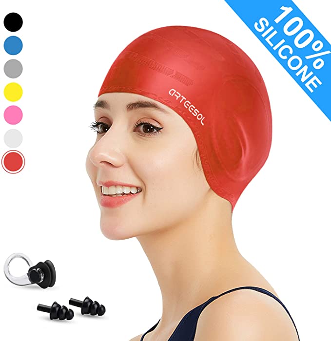 arteesol Swimming Caps - Silicone Swim Cap Swimming Hats Anti-Slip Waterproof Bathing Cap for Long Hair Women and Men