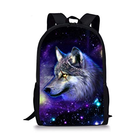 Nopersonality Wolf Backpack for Boys Girls Kids Galaxy Star School Book Bag Personalised Animal Print Bagpack Rucksack