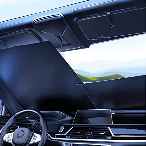 UVANTI Car Windshield Sun Shade Retractable Windshield Sunshade Car Sun Visor for UV Rays Keep Your Vehicle Cool - Car Interior Accessories for Sun Heat（Adjustable Width 28 - 55 inches）