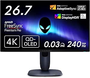 Dell AW2725Q 26.7インチ 有機EL Alienware ゲーミングモニター(無輝点3年保証/4K/QD-OLED抗反射/DP1.4x1,HDMI2.1x2/DCI-P3 95%/縦横回転,高さ調整/0.03ms,240Hz/Free-Sync Premium Pro,VESA DisplayHDR True Black 400)